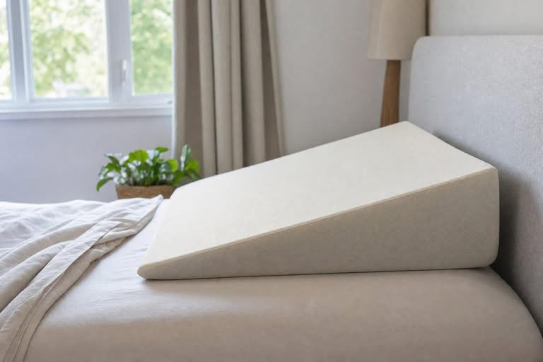 A foam wedge pillow on a made bed showing a gentle continuous incline
