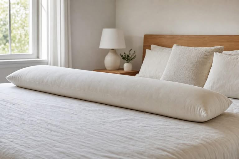A long straight body pillow lying along a neatly made bed in soft daylight