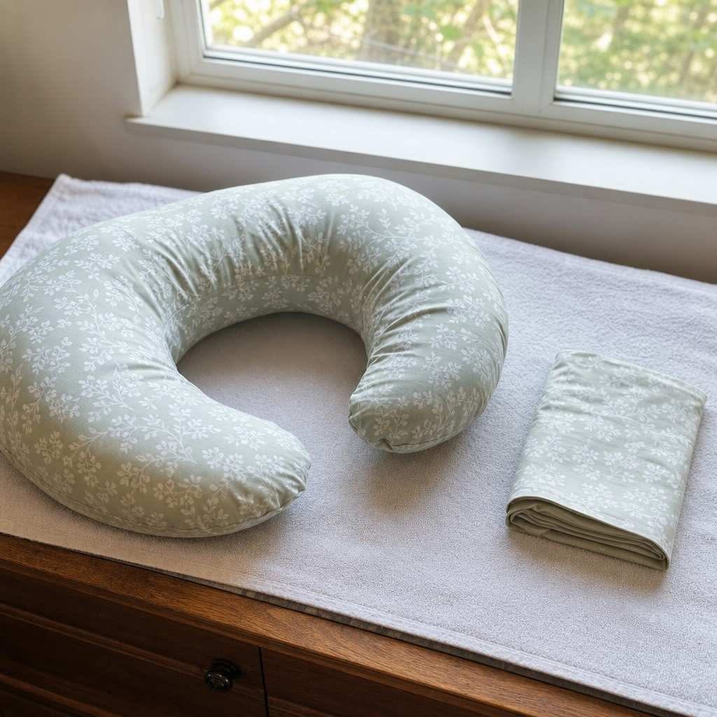 A nursing pillow laid flat to dry on a towel near a window with a folded spare cover beside it