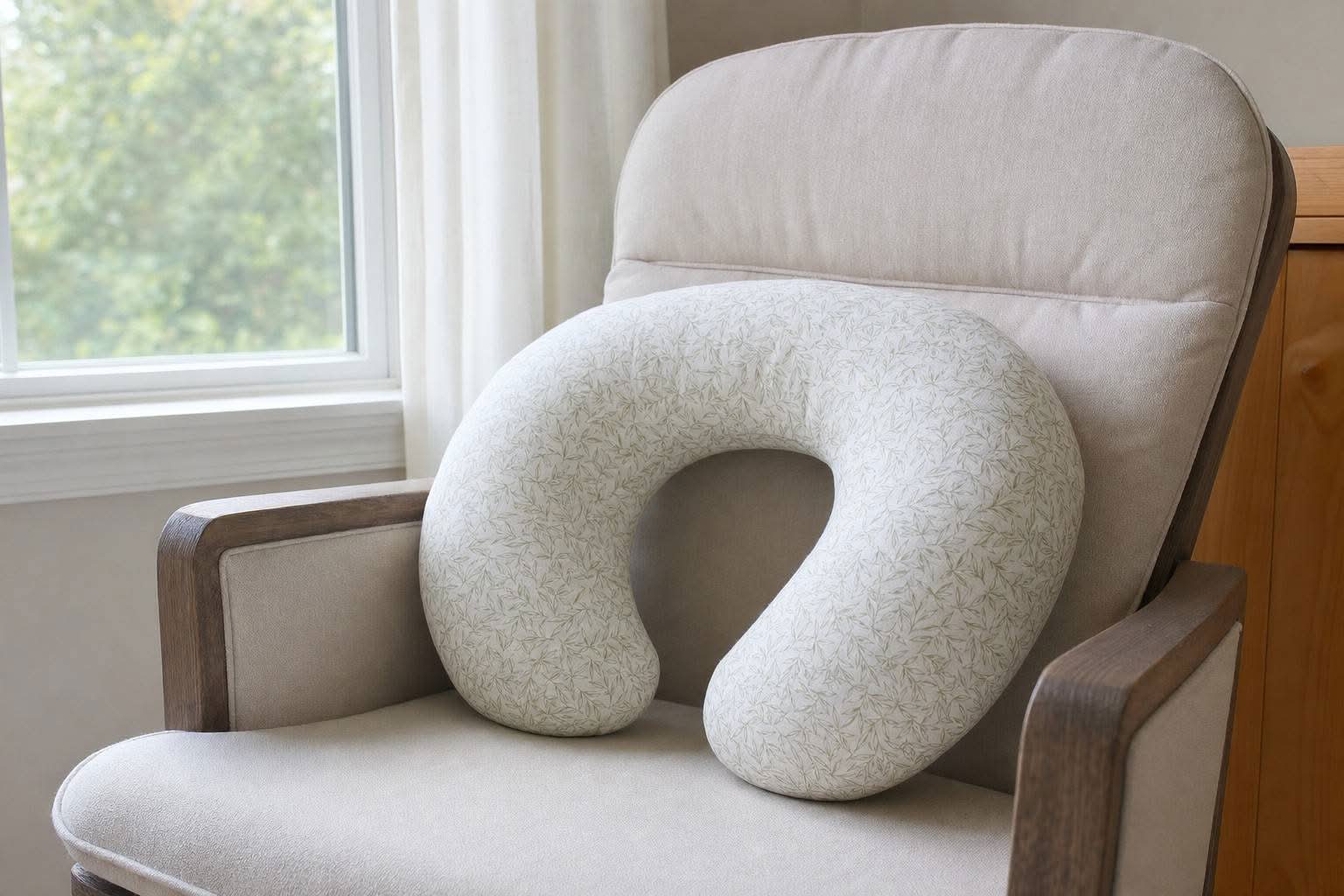 A clean C-shaped nursing pillow with a freshly laundered cover on a nursery chair