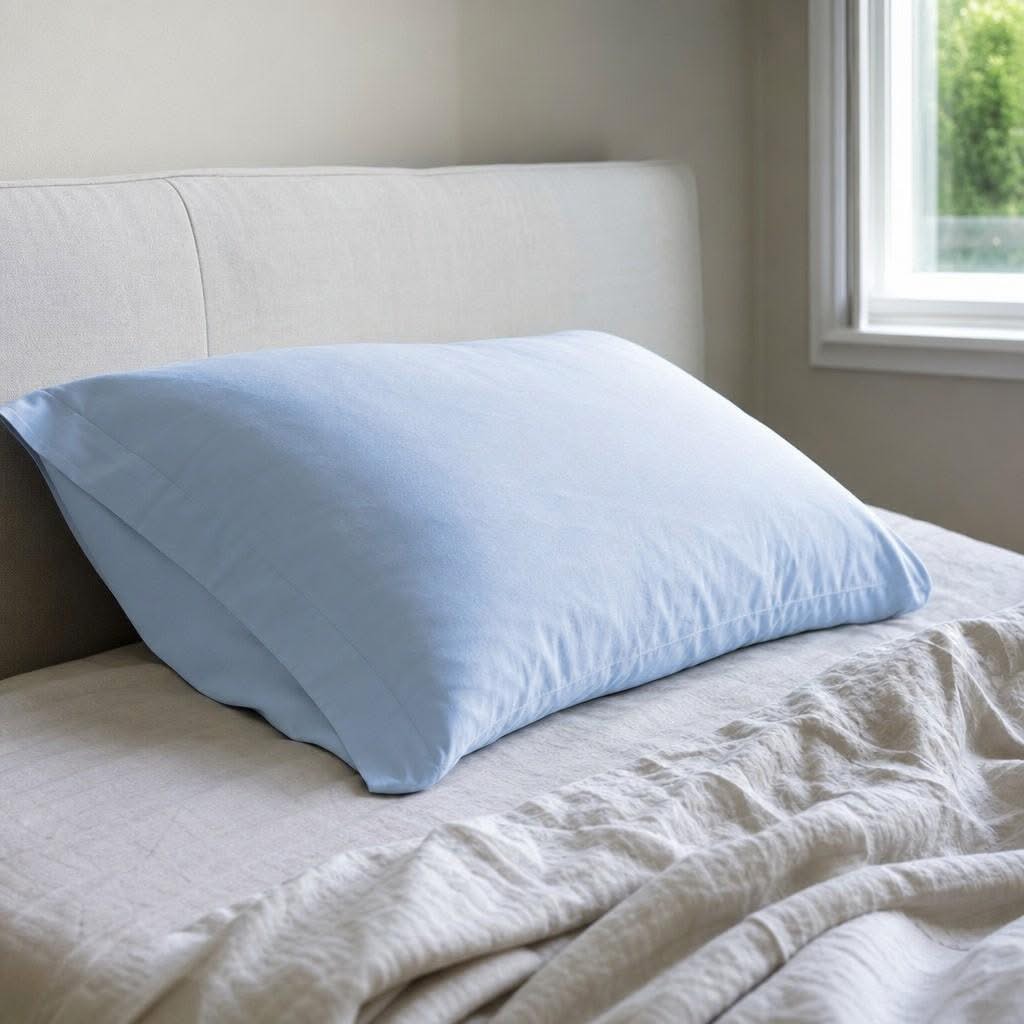 A breathable cotton-covered pillow on an airy cool-toned bed with pale blue linen