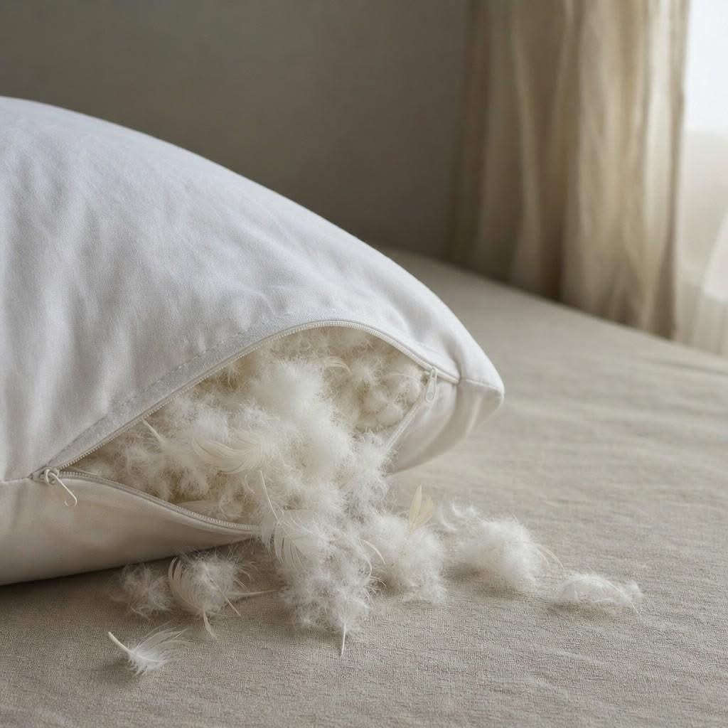 Soft white down and feather fill spilling gently from the corner of an open pillow