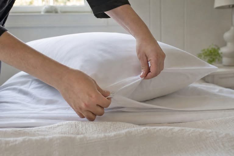 Hands fitting a white zippered allergen-barrier cover onto a pillow on a bed
