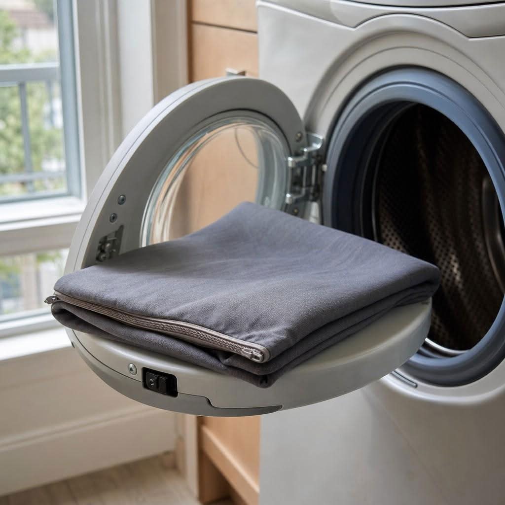 A removable husband pillow cover being loaded into a front-loading washing machine
