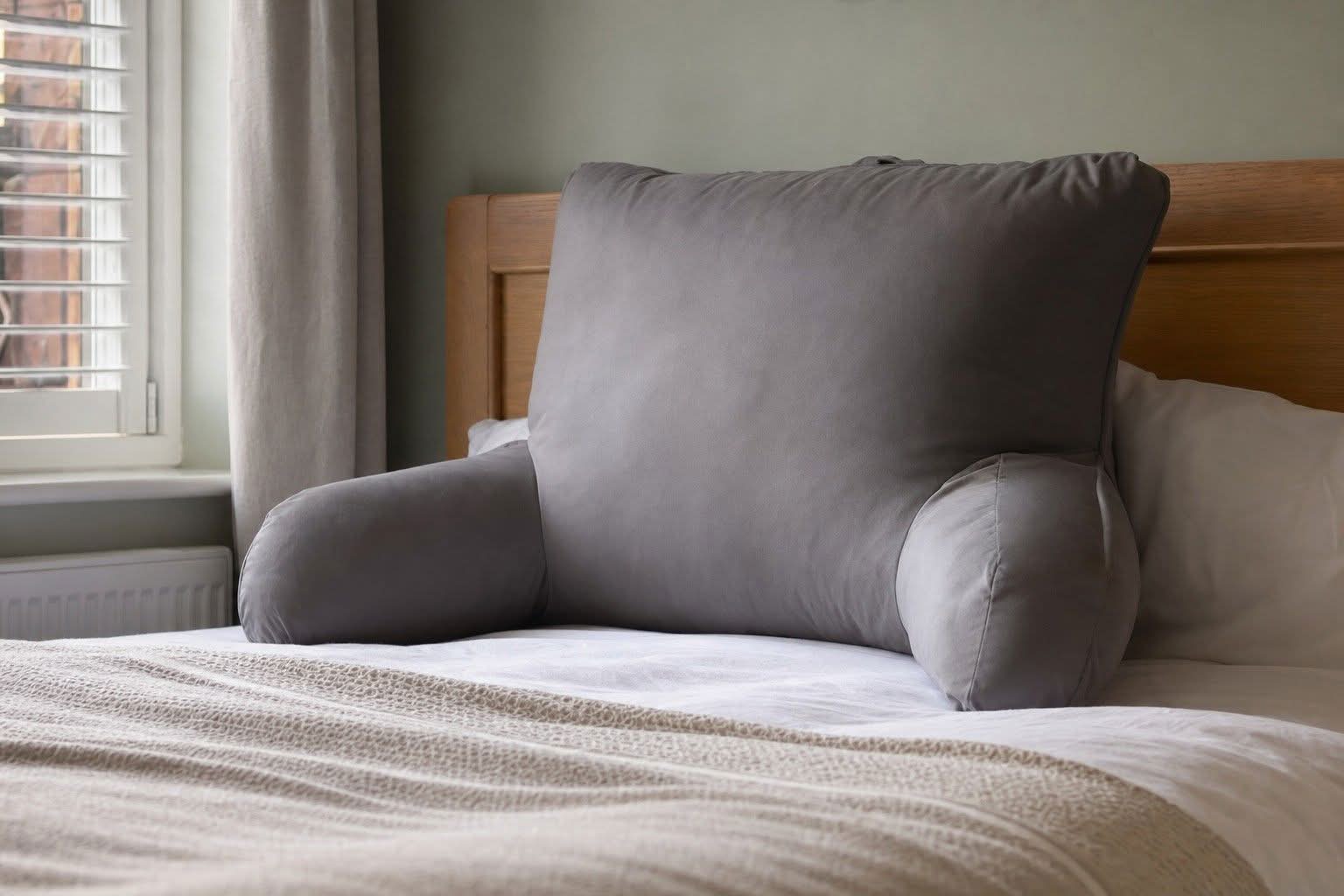 A tall husband pillow with two arms propped against a headboard on a neatly made bed in soft daylight