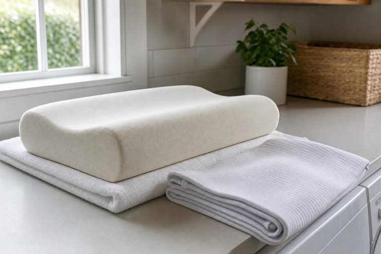 A solid contoured memory foam pillow resting on a clean surface in a laundry area with its removable cover folded beside it