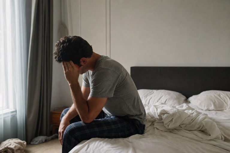A person sitting on the edge of the bed in the morning with a hand pressed to their forehead
