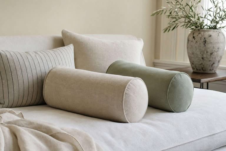 Two cylindrical bolster pillows resting on a neatly styled sofa in soft natural light