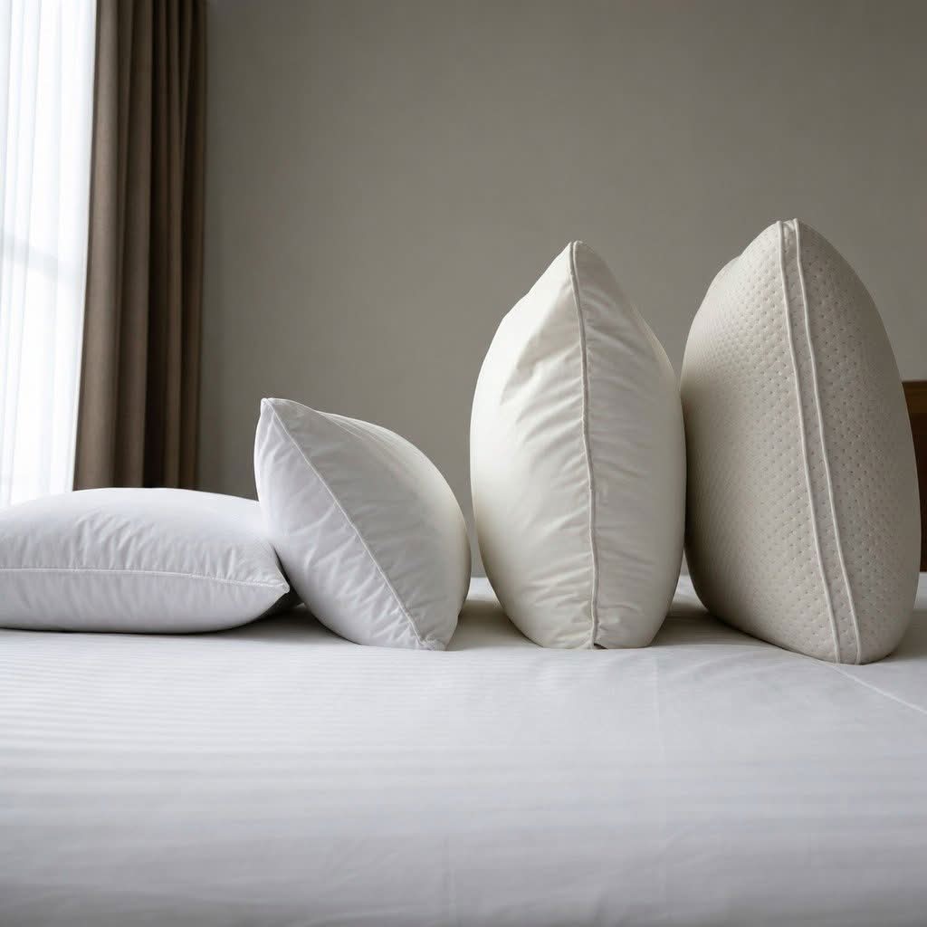 A row of several different pillows of varying loft and firmness laid out on a white hotel duvet