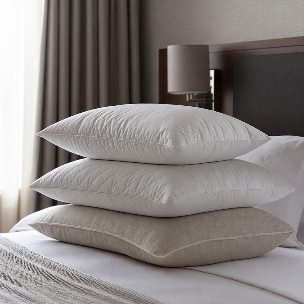 A close stack of three different pillows on the corner of a made hotel bed