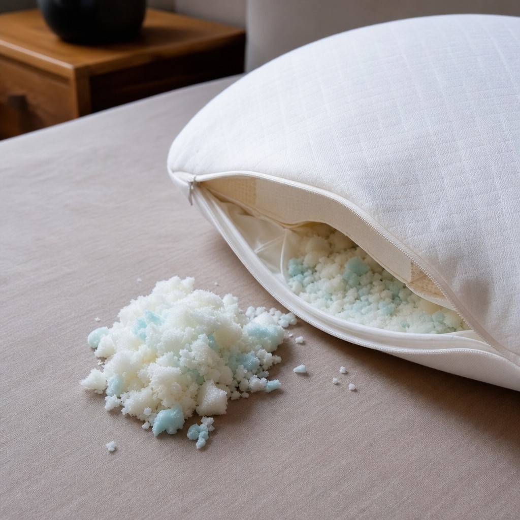 A small pile of shredded foam fill next to an open adjustable pillow