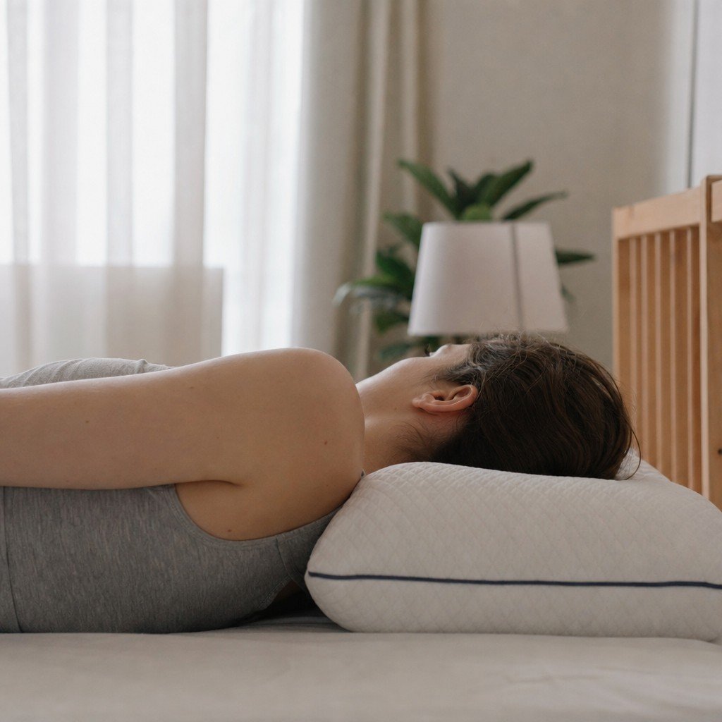 A person lying on their side testing whether the pillow keeps their neck level