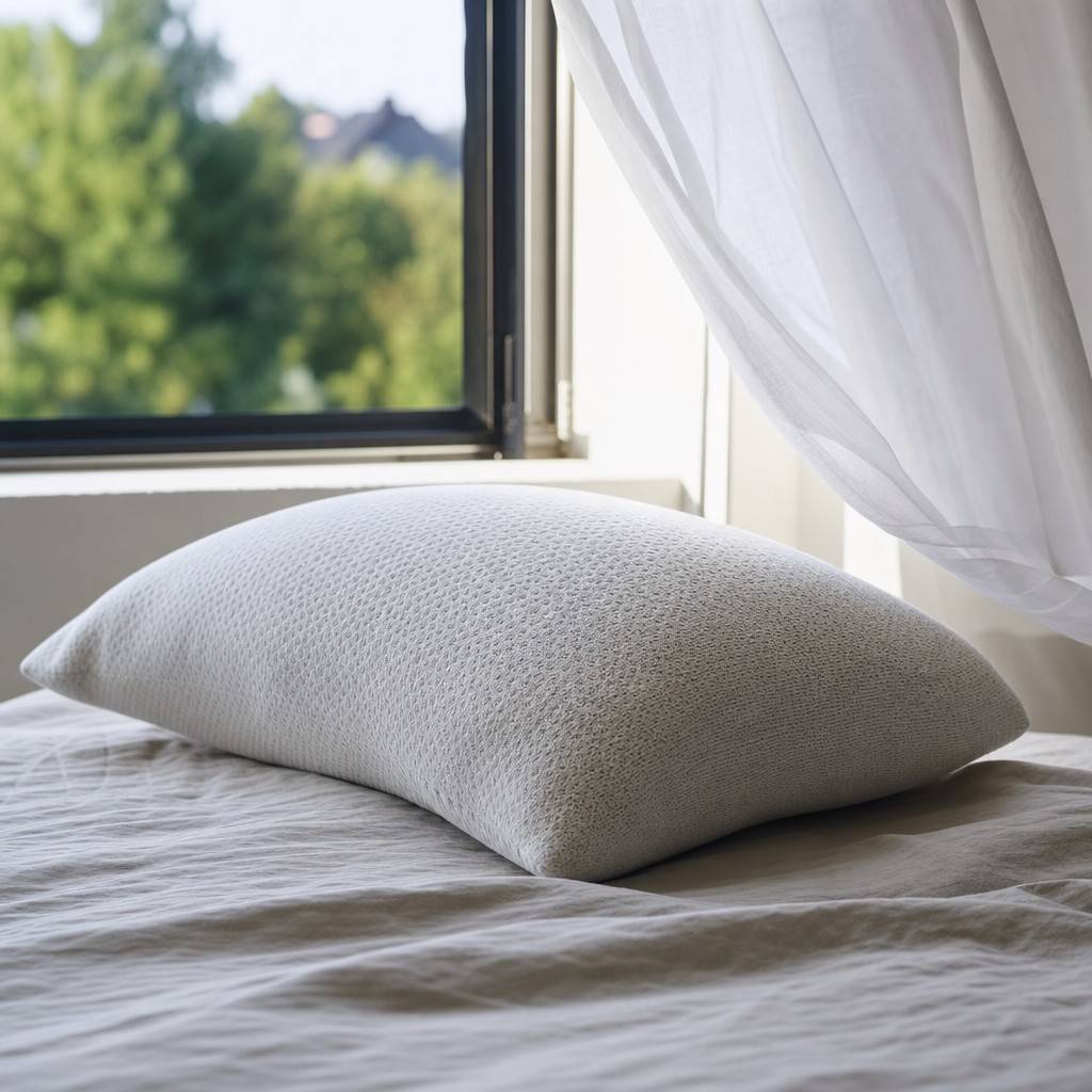 A pillow with a breathable knit cover resting near an open bedroom window