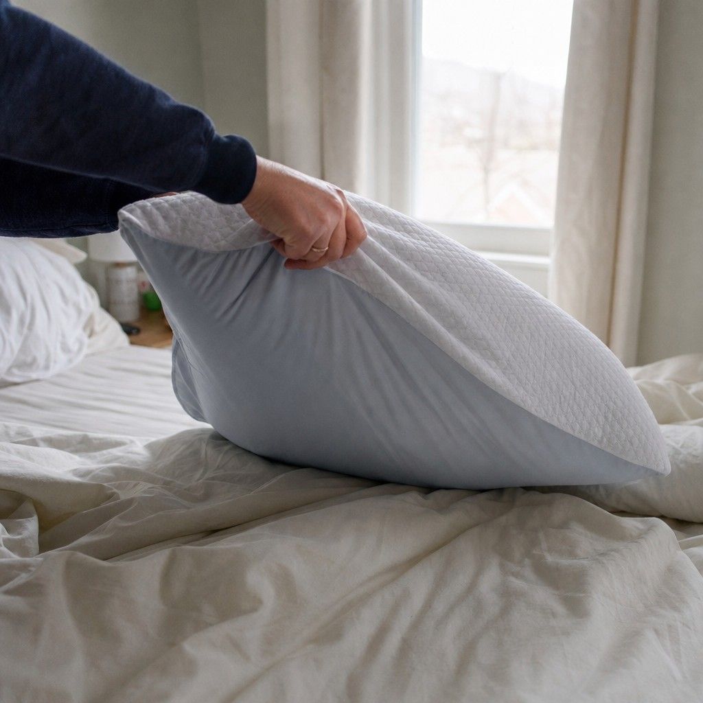 A hand flipping a pillow over to reach the cooler side