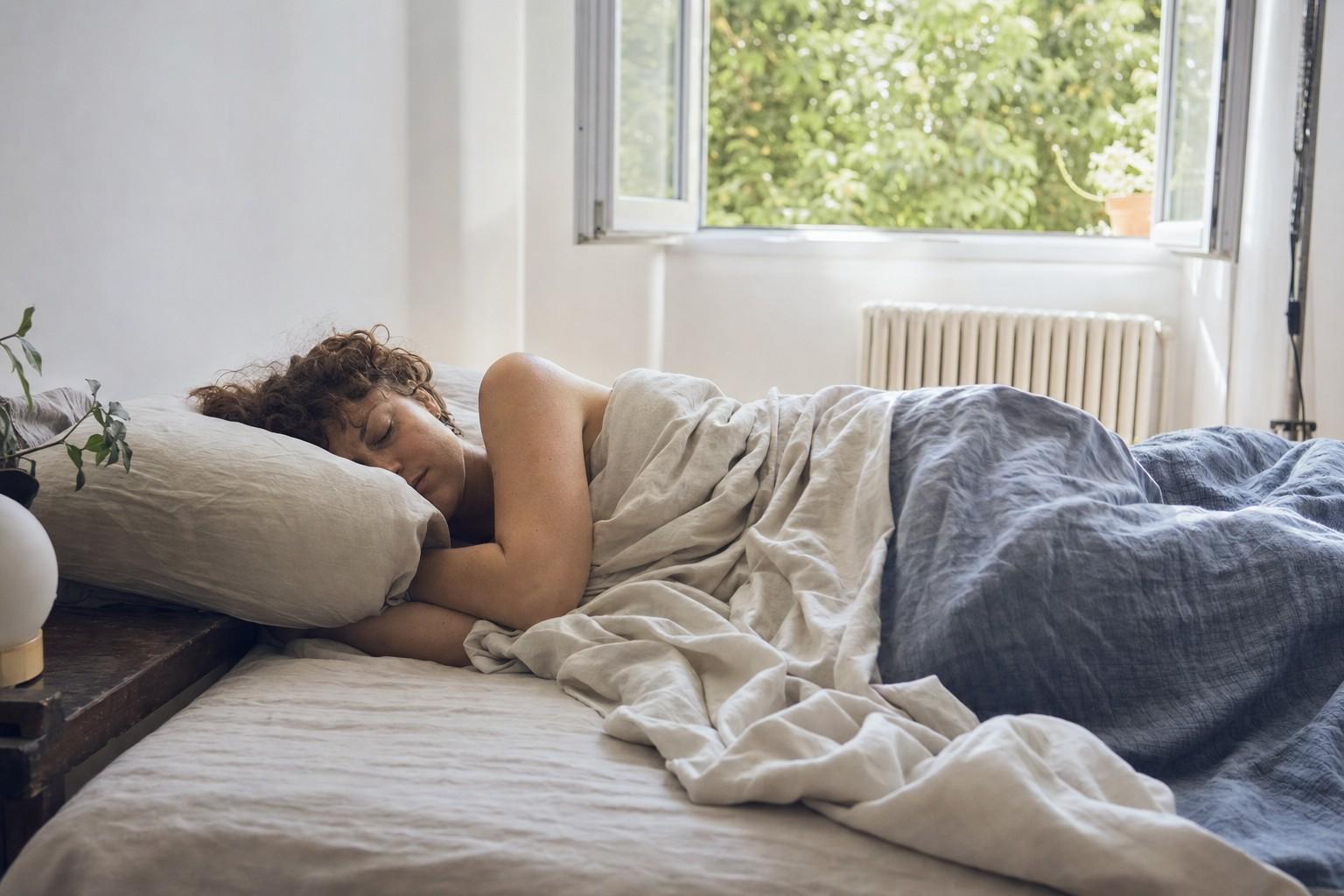 A person sleeping calmly and cool on a pillow in an airy, bright bedroom