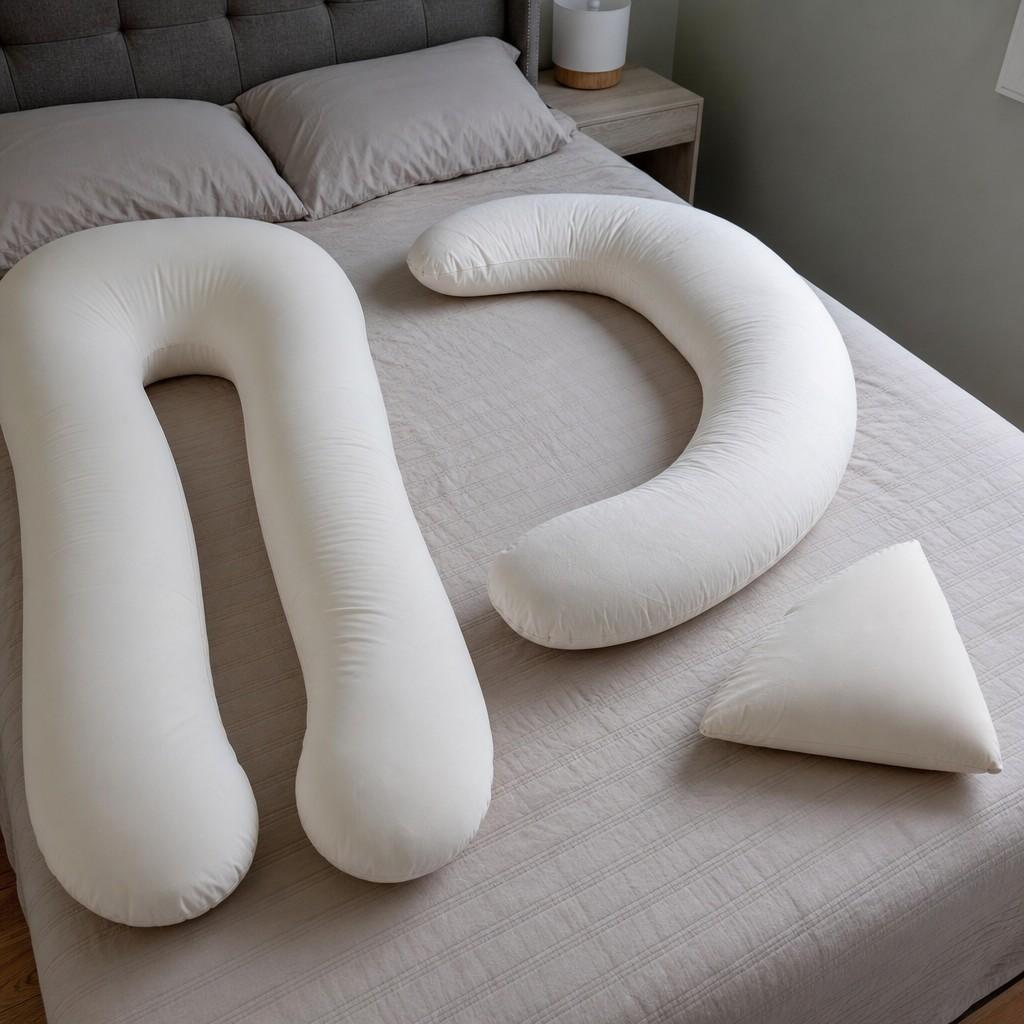 Three pregnancy pillow shapes laid out on a bed: a U-shape, a C-shape, and a wedge