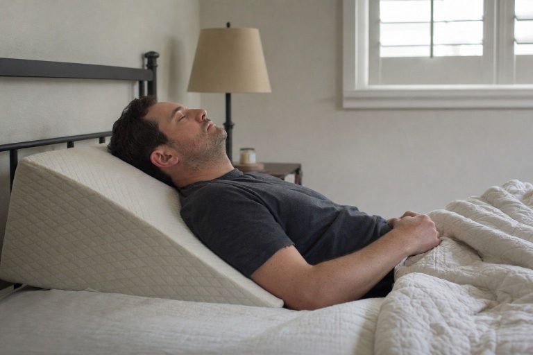 A person asleep with their upper body raised on a foam wedge pillow so the torso is gently inclined
