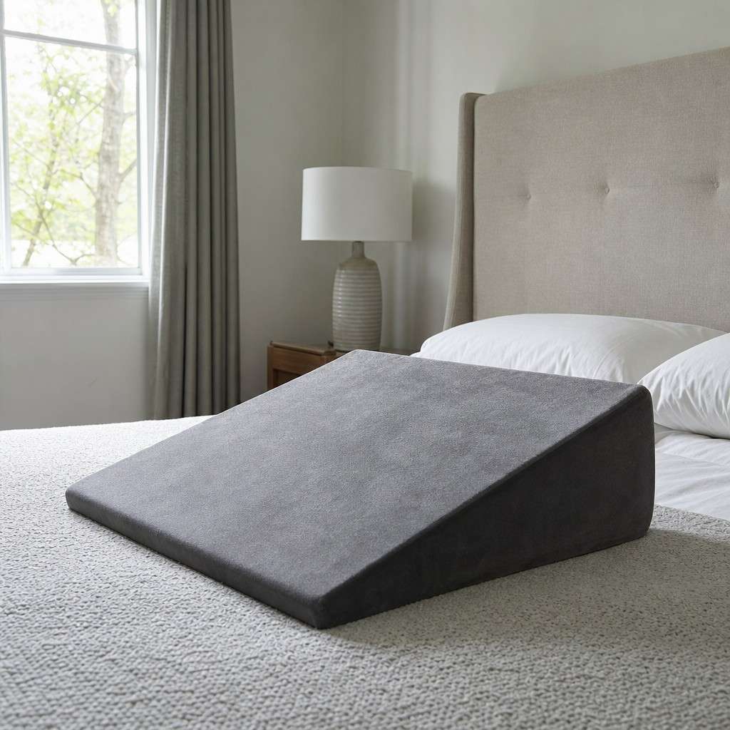 A foam wedge pillow on a made bed, the triangular incline clearly visible from the side