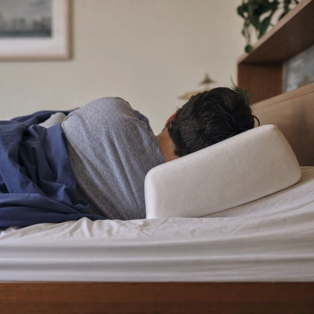 A person sleeping on their left side with upper body supported on a wedge pillow